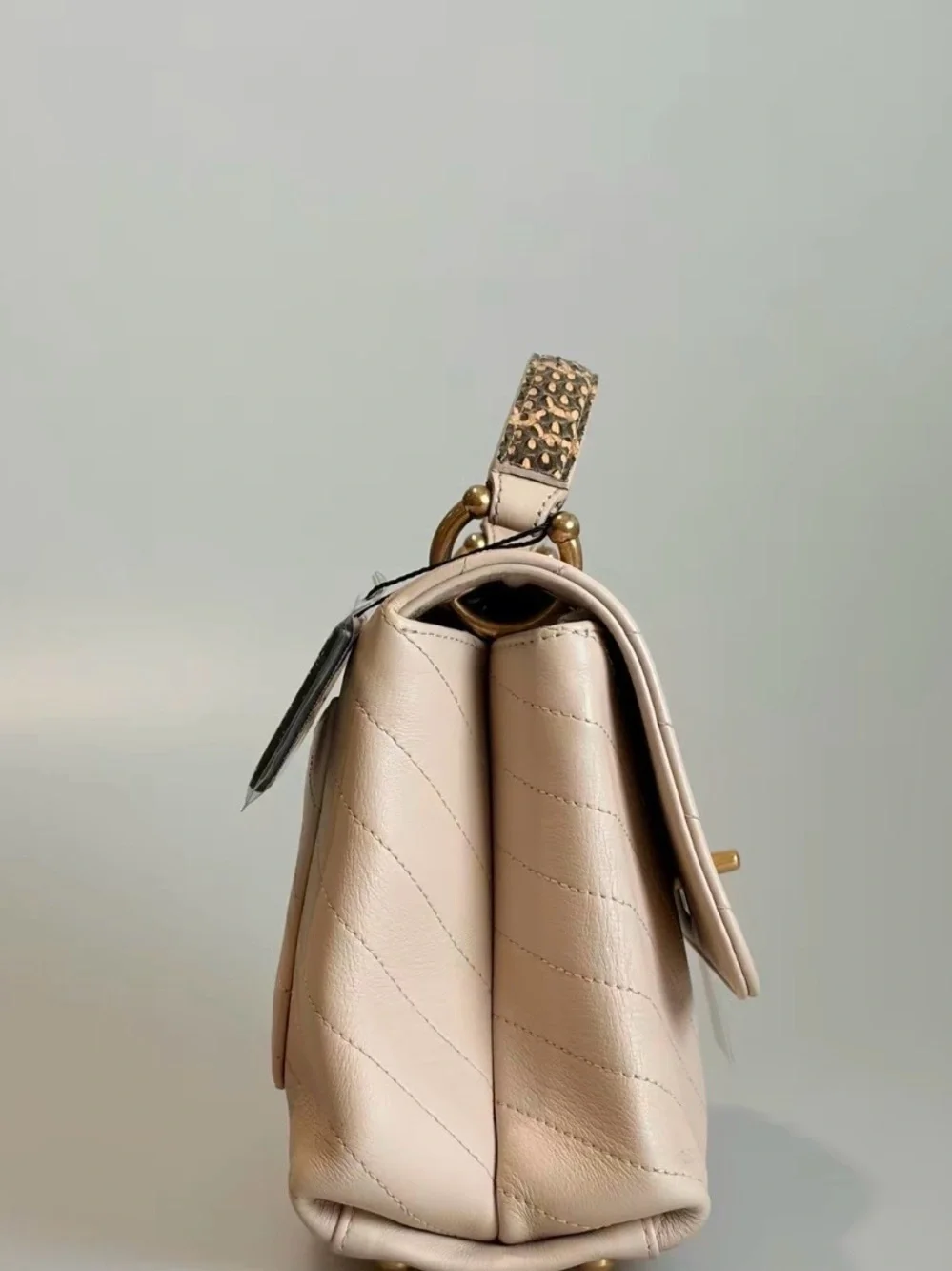 CHANEL Beige Chevron Quilted Top-Handle Satchel with Gold Hardware